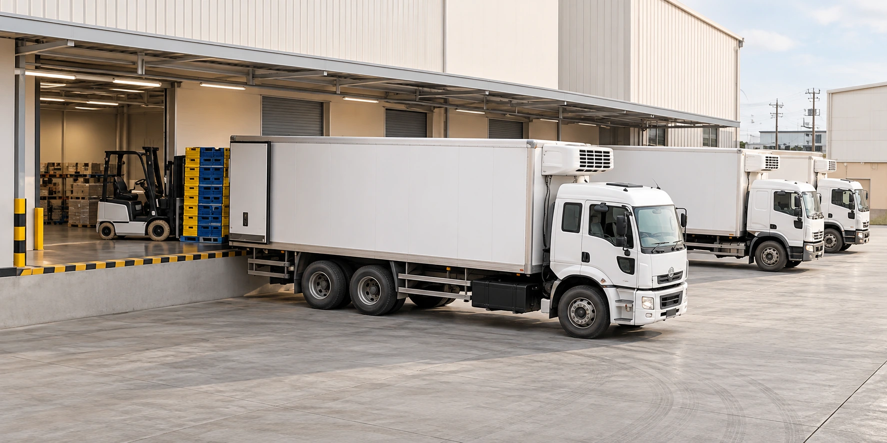 A technician checking a refrigerated commercial vehicle